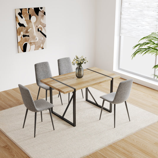 55" MDF Wood Colour Dining Table and Modern Dining Chair Set of 4, Mid Century Wooden Kitchen Table Set, Metal Base & Legs, Dining Room Table and Linen Chairs