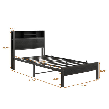 Twin Size Bed Frame with Storage Headboard, Metal Platform Bed with Charging Station,  Bookcase Storage, No Box Spring Needed, Easy Assembly, Black