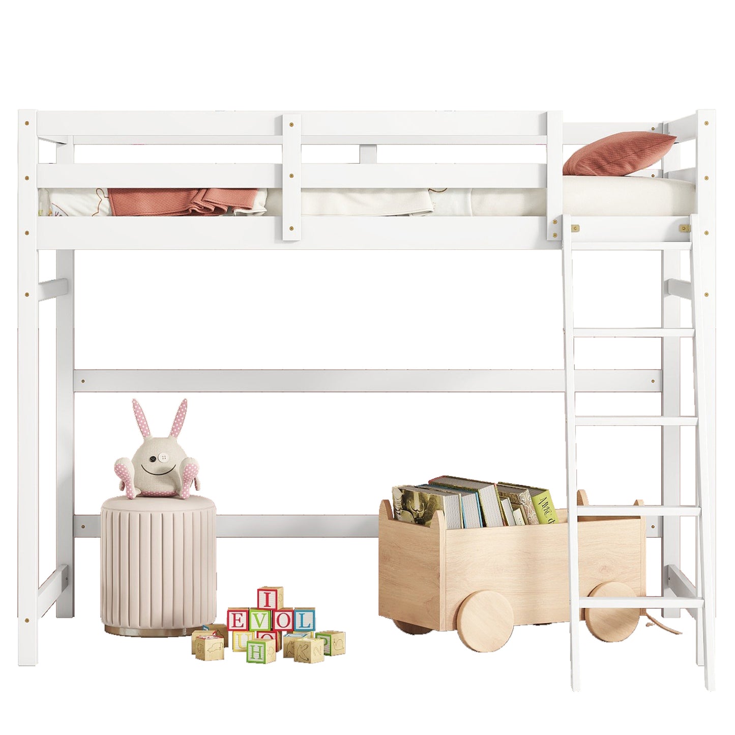 Twin Size High Loft Bed with inclined Ladder, Guardrails,White