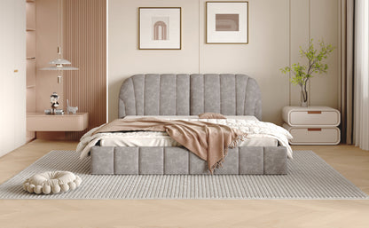 Queen Size Upholstered Platform Bed with Thick Fabric, Polyester, Gray