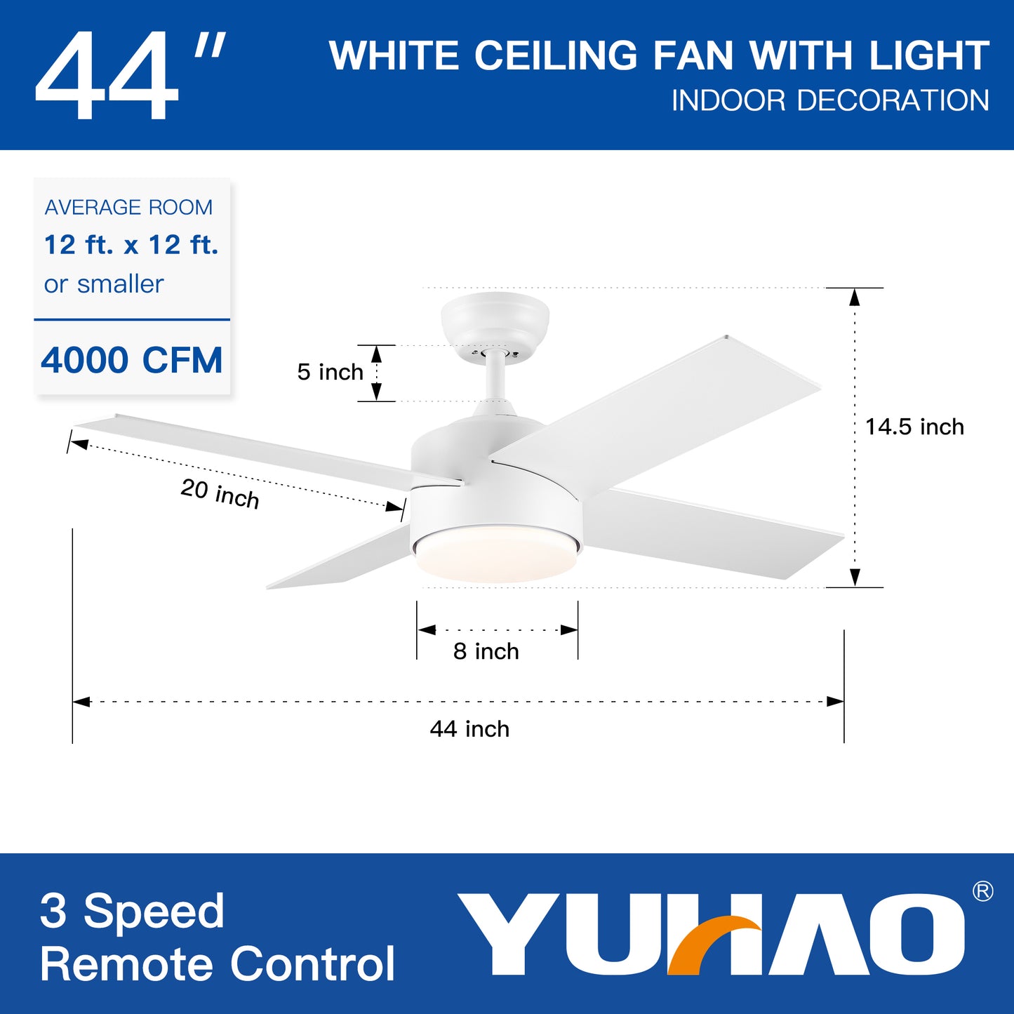 44 In Intergrated LED Ceiling Fan Lighting with White ABS Blade