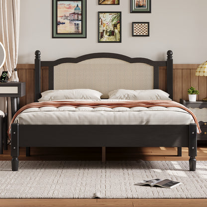 Queen Size Wooden Platform Bed with Natural Rattan Headboard, Vintage Bed Frame with Wooden Slat Support, Black