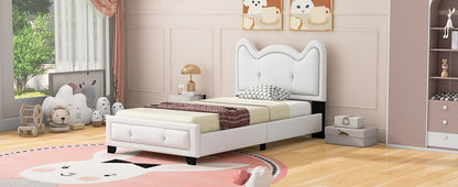 Twin Size Upholstered Platform Bed with Carton Ears Shaped Headboard, White