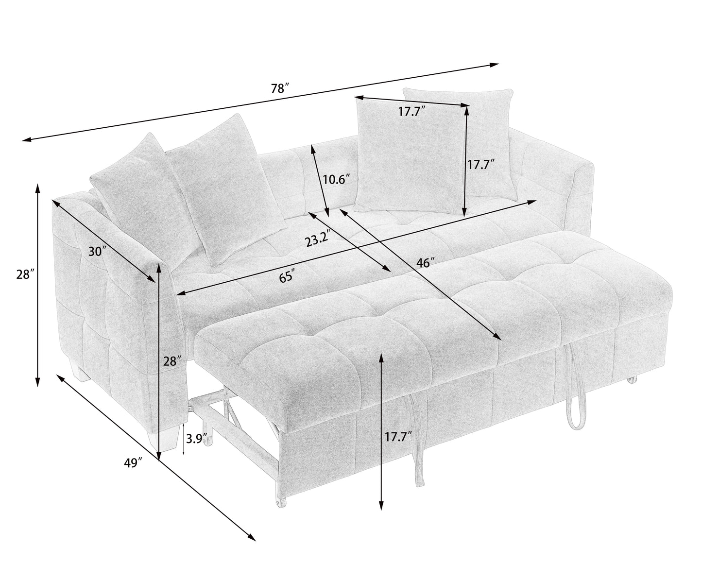 77.9-inch folding dual-purpose three-seater dark grey flannel sofa that can be pulled out and turned into a bed, suitable for use in bedrooms and living rooms.