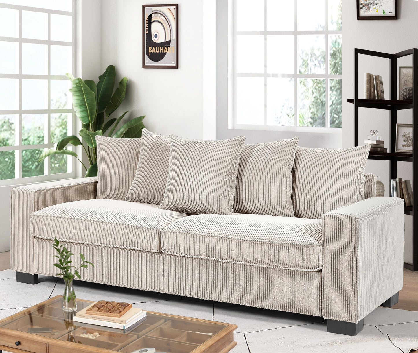 Luxe Corduroy Sofa with 5 Matching Toss Pillows, Sleek Design, Spacious and Comfortable 3 Seater Couch for Modern Living Room, Large, Ivory