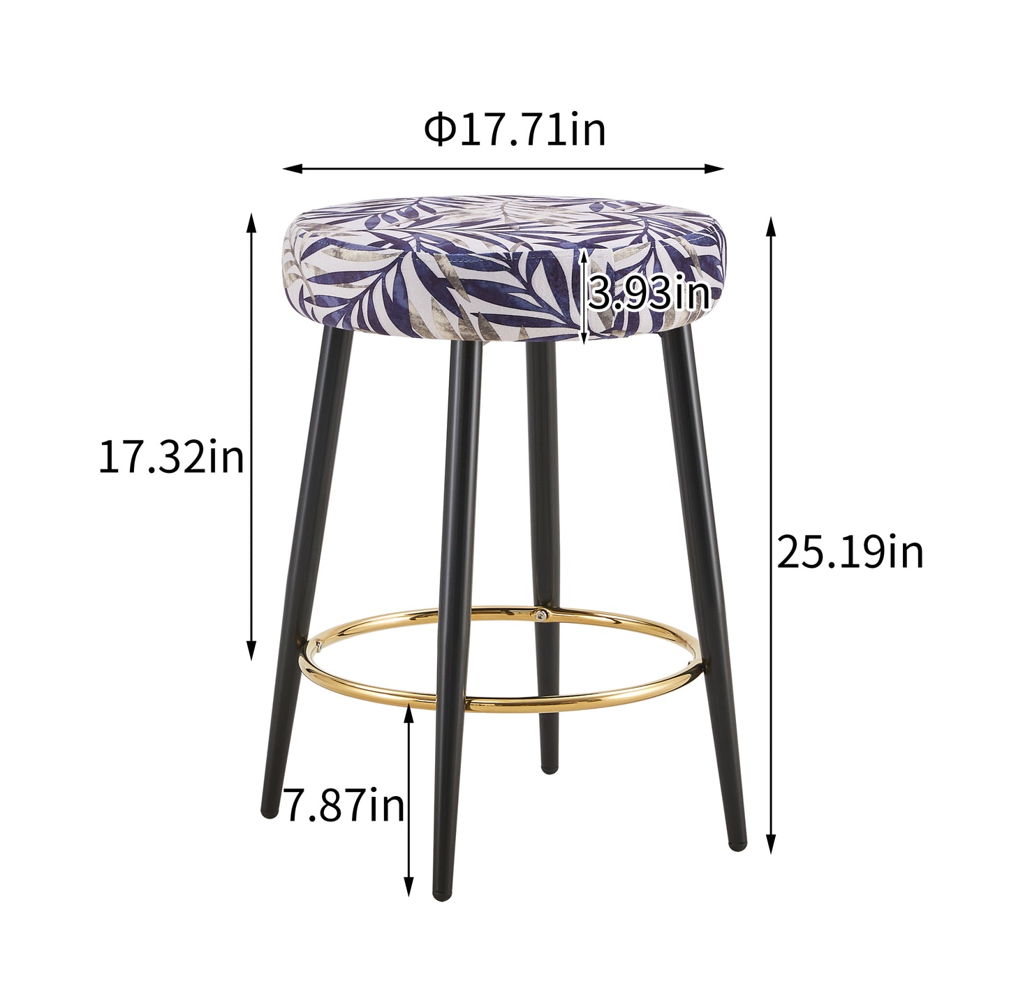 Counter Height Bar Stools Set of 2, PU Kitchen Stools Upholstered Dining Chair Stools 24 Inches Height with Golden Footrest for Kitchen Island Coffee Shop Bar Home Balcony silver leaves velvet