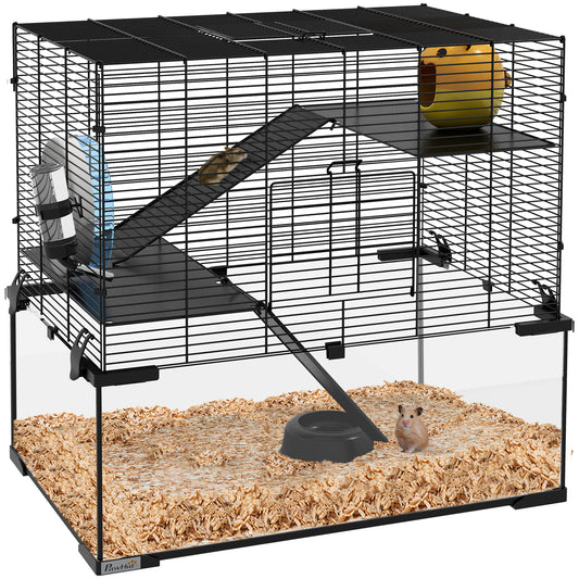 PawHut Hamster Cage, 23.5" Gerbil Cage with Glass Basin, Ramps, Platforms, Hut, Exercise Wheel, for Small Hamsters, Black