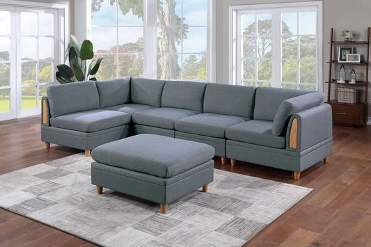 Contemporary Living Room Furniture 6pc Modular Corner Sectional Set Steel Dorris Fabric Couch 2x Wedges 3x Armless Chair And 1x Ottoman