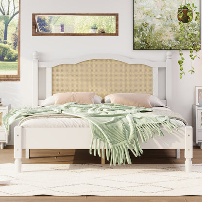 Queen Size Wooden Platform Bed with Natural Rattan Headboard, Vintage Bed Frame with Wooden Slat Support, White