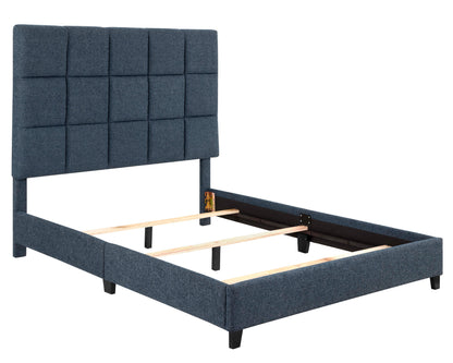 Queen Size Navy Blue Denim Squares Upholstered Platform Bed