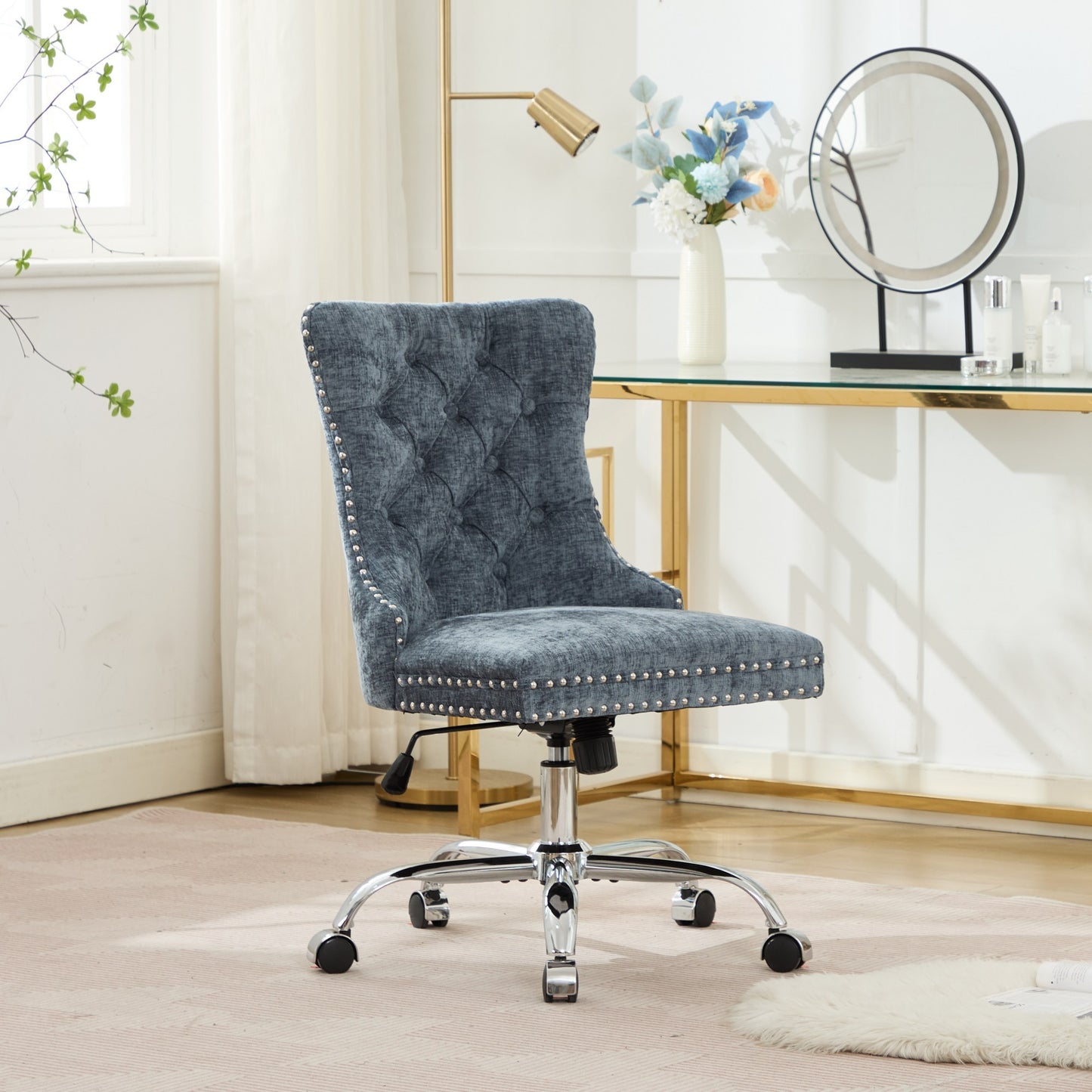 A&A Furniture Office Chair,Modern Chenille Upholstered Tufted Button Home Office Chair with Chrome Metal Base,Adjustable Desk Chair Swivel Office Chair (Light Blue)