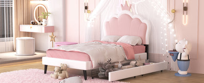 Twin Size Upholstered Princess Bed With Crown Headboard and 2 Drawers,Twin  Size Platform Bed with Headboard and Footboard, Pink+White