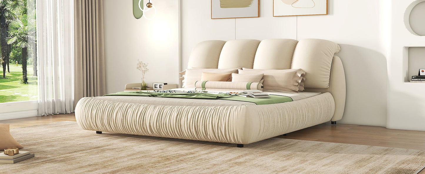 King Size Luxury Upholstered Bed with Thick Headboard, Velvet King Bed with Oversized Padded Backrest, Beige(Expect Arrive date 2024/3/12)