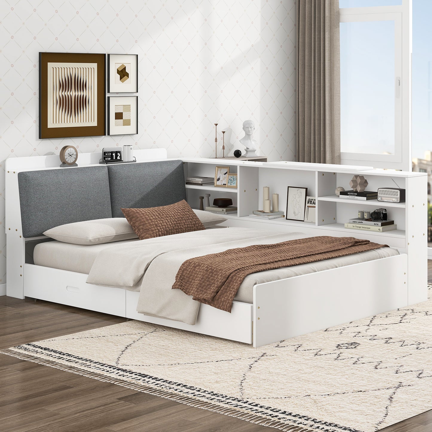 Wood Full Size platform bed with Storage Headboard, Shelves and 2 Drawers, White