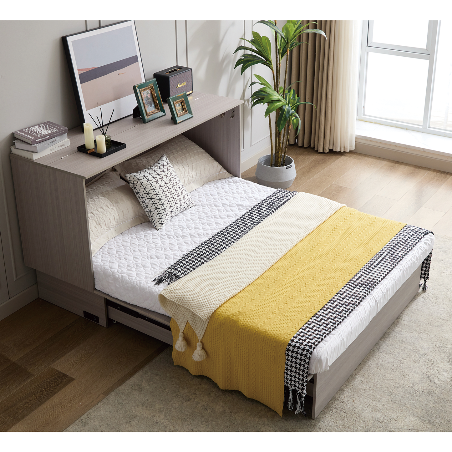 [NEW ARRIVED] [VIDEO PROVIDED]Cabinet Bed with Storage, Queen Bed ,Folding Foam Mattress & Oversized Drawers, Murphy Bed , Set of Sockets & USB Ports,Space-Saving Folding Murphy Bed , Gray