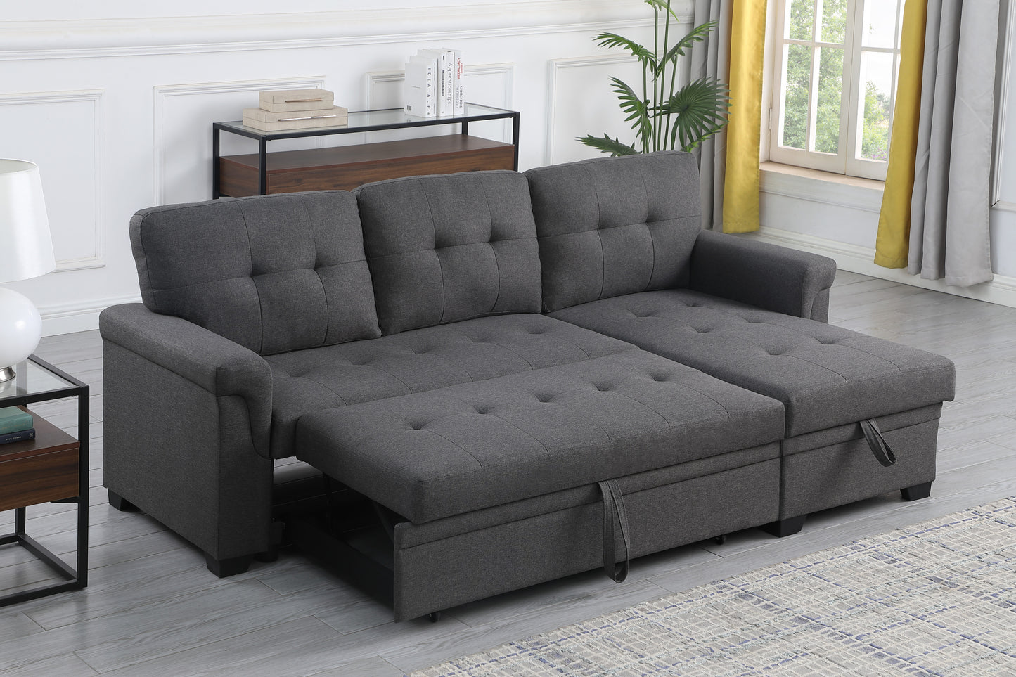 Lucca 84" Dark Gray Linen Reversible Sleeper Sectional Sofa with Storage Chaise