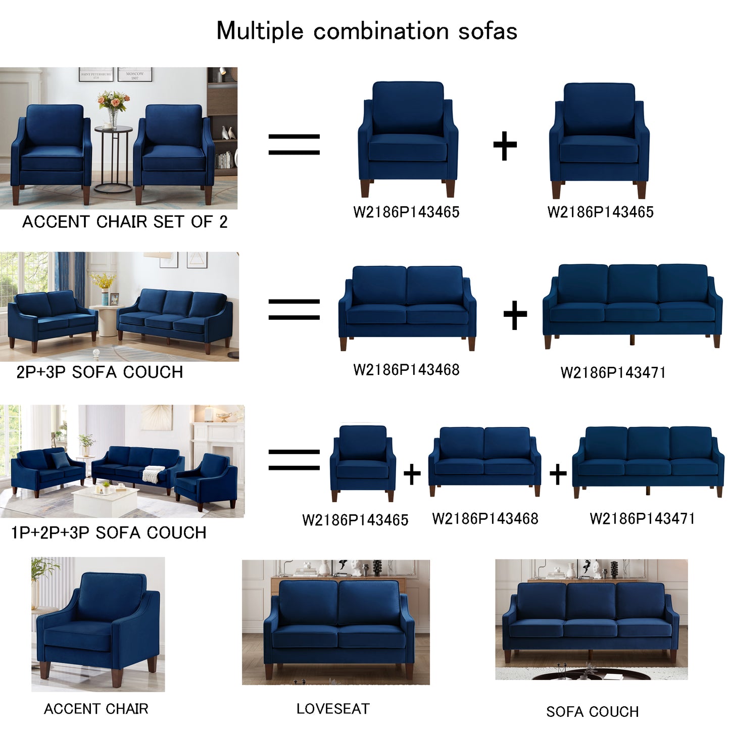 Modern 3 Person seat  Sofa Couch with Scooped Armrest/Wood legs,Upholstered Velvet 3-seat Sofa with Removable Cushions for Livingrooom Bedroom,Navy