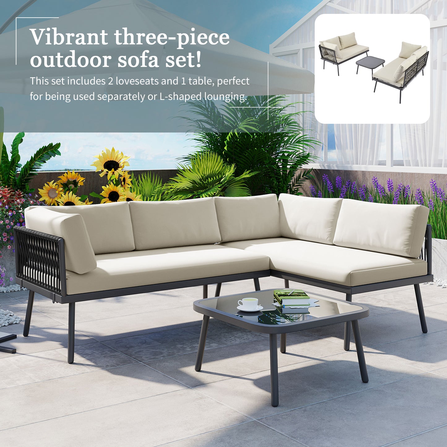 TOPMAX Modern Outdoor 3-Piece PE Rattan Sofa Set All Weather Patio Metal Sectional Furniture Set with Cushions and Glass Table for Backyard, Poolside, Garden,Black,L-Shaped