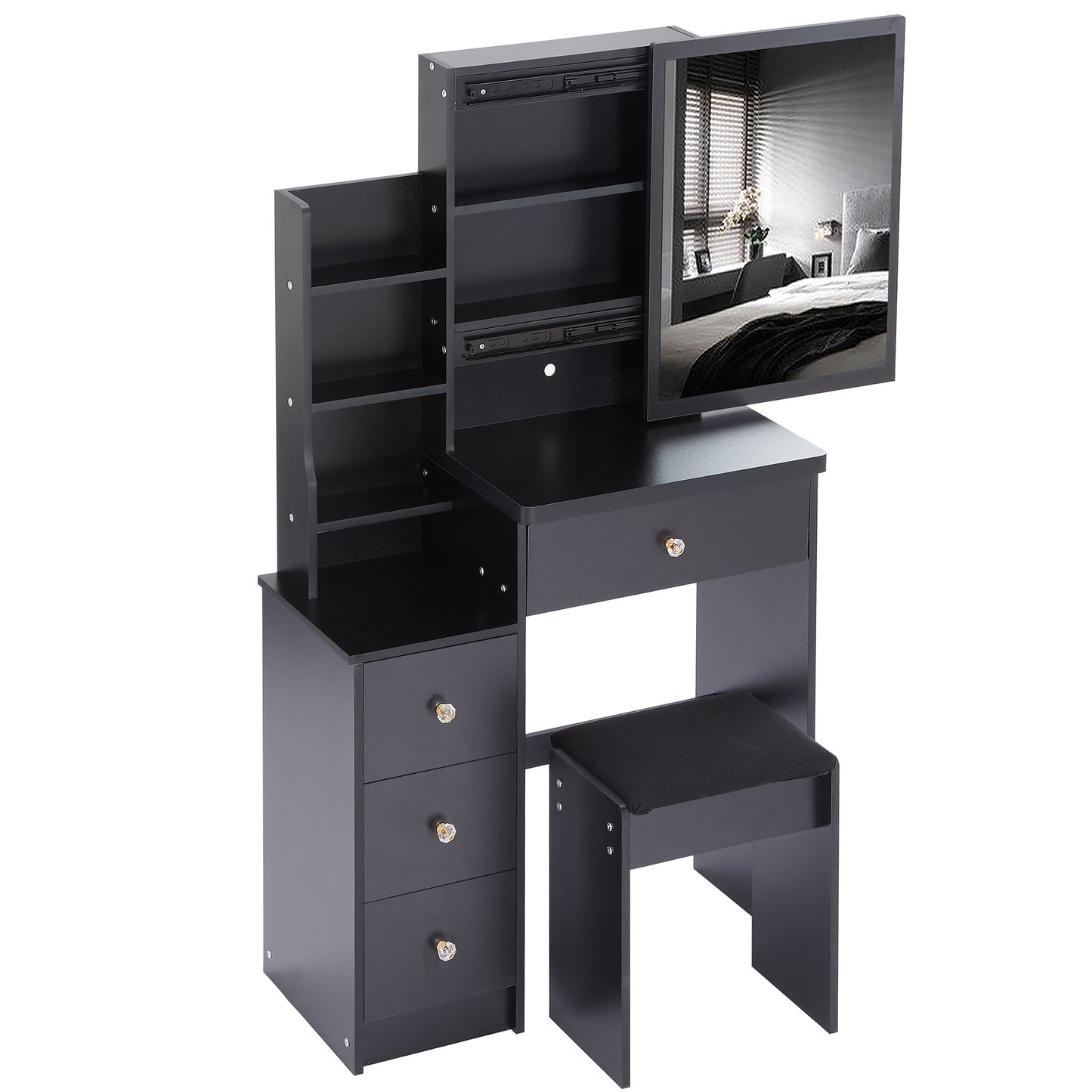 Small Size Left Bedside Cabinet Vanity Table + Cushioned Stool, Extra Large Sliding Mirror, Multi Layer, High Capacity Storage Fashionable Dresser, Suitable for Small Space, EPA,GCC,UL Certificate