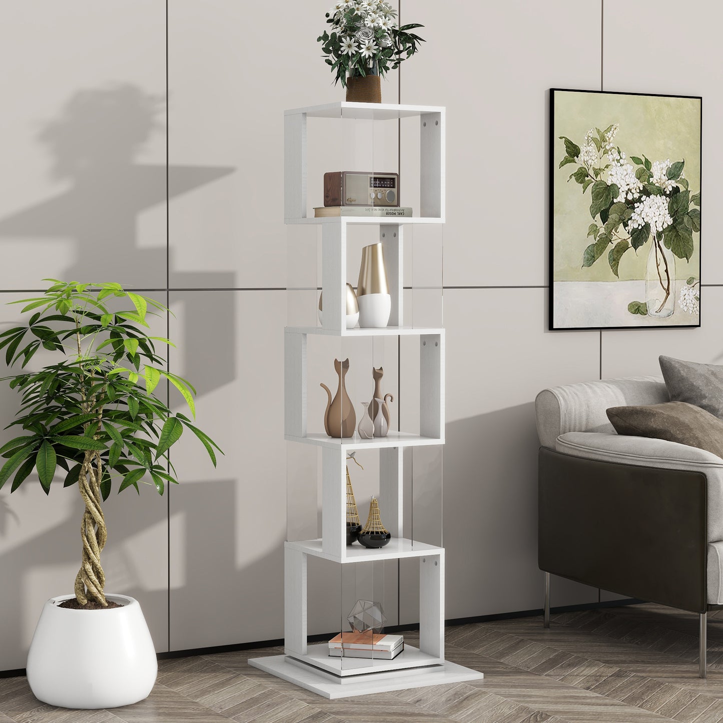 5 tier Rotating Bookshelf, Floor Rack Simple Bookcase  with Acrylic plate Student Multi-Function Creative Bookshelf for Living Room with anti-toppling base