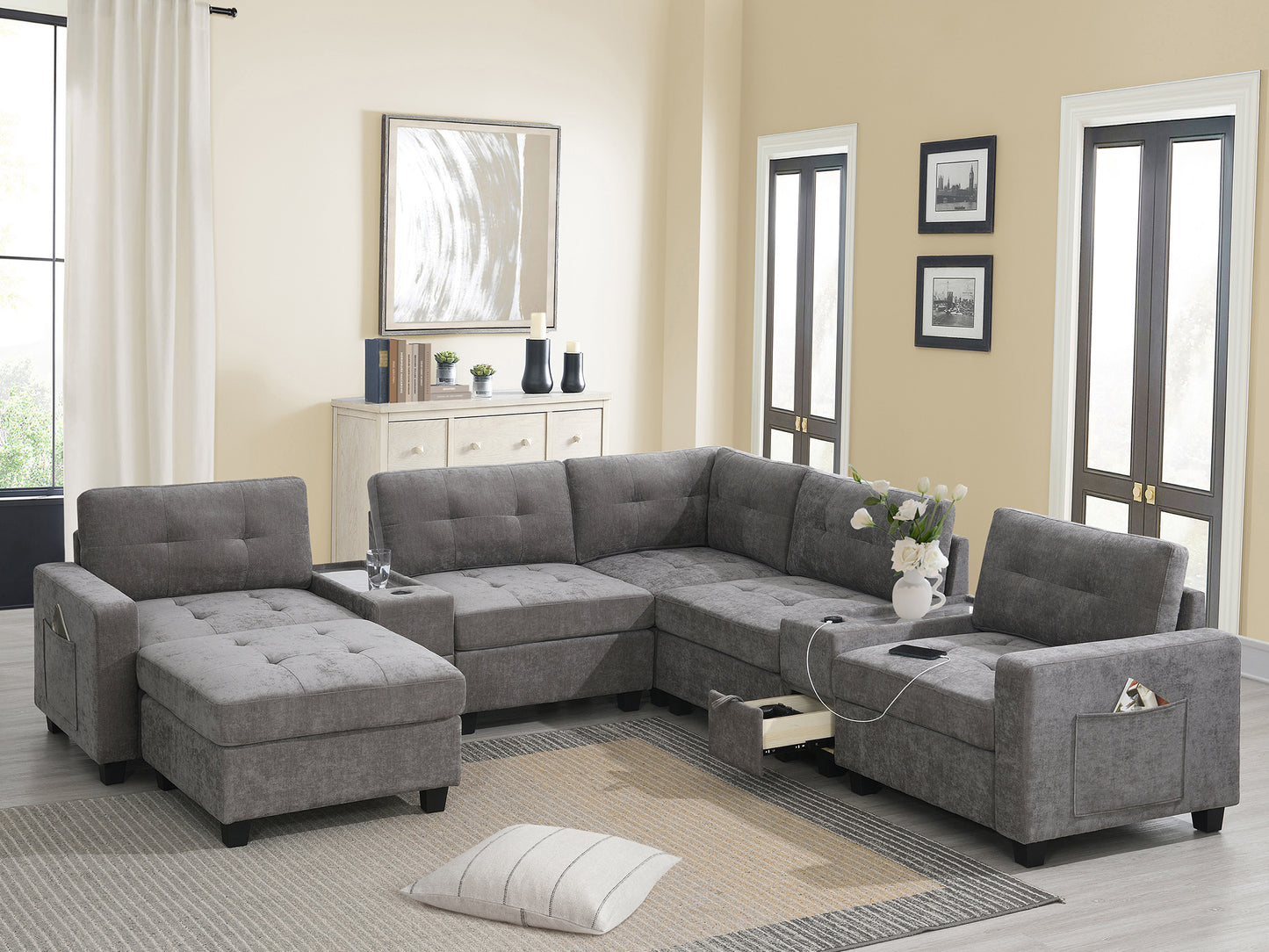 104'' Sectional Sofa with Acrylic Table Top,Chenille U Shaped Couch Set with 2 Consoles,USB Charger,Storage Drawers and Pockets,Movable Ottoman,Tufted Sofa for Living Room,Apartment,2 Colors