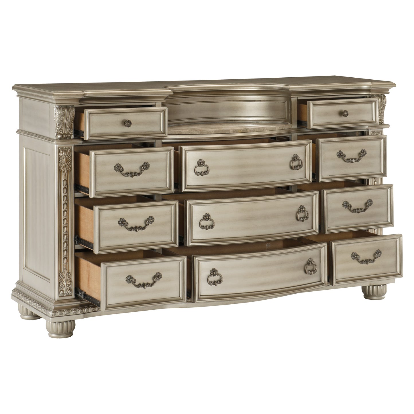 Silver Finish European Design 1pc Luxury Dresser with 11 Drawers Genuine Marble Insert Traditional Bedroom Furniture
