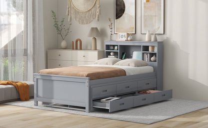 Twin Size Platform Bed with Storage Headboard, USB, Twin Size Trundle and 3 Drawers, Gray