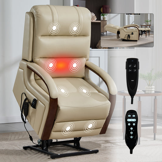 Power Beige Leatheraire Lift Recliner Chair Dual Motor Infinite Position Up to 350 LBS with Solid Wood Armrests, Heat Massage and Heavy Duty Motion Mechanism