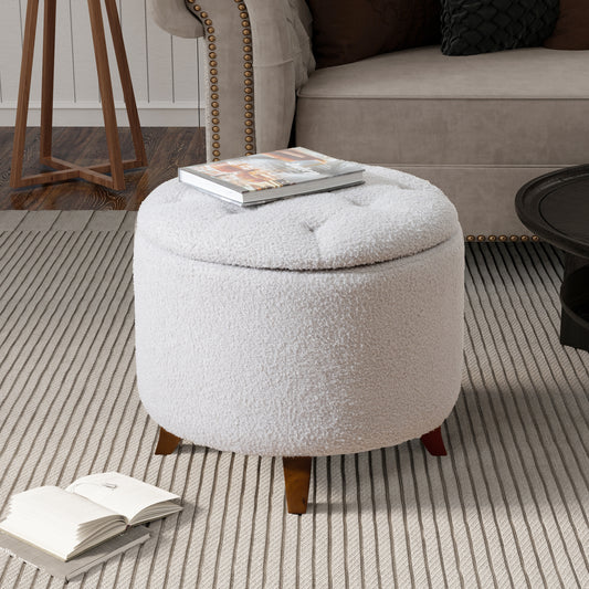 Round Ottoman storage stool with Cover Lid,Decorate the living room and bedroom with round teddy fleece storage Ottoman (White)