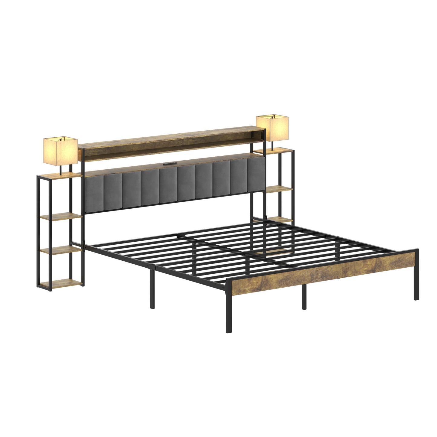 King Bed Frame with Storage, Platform Bed King Size with LED Lights and Charging Station, Dark gray velvet Headboard with Bookcase Shelves, No Box Spring Needed, Noise Free