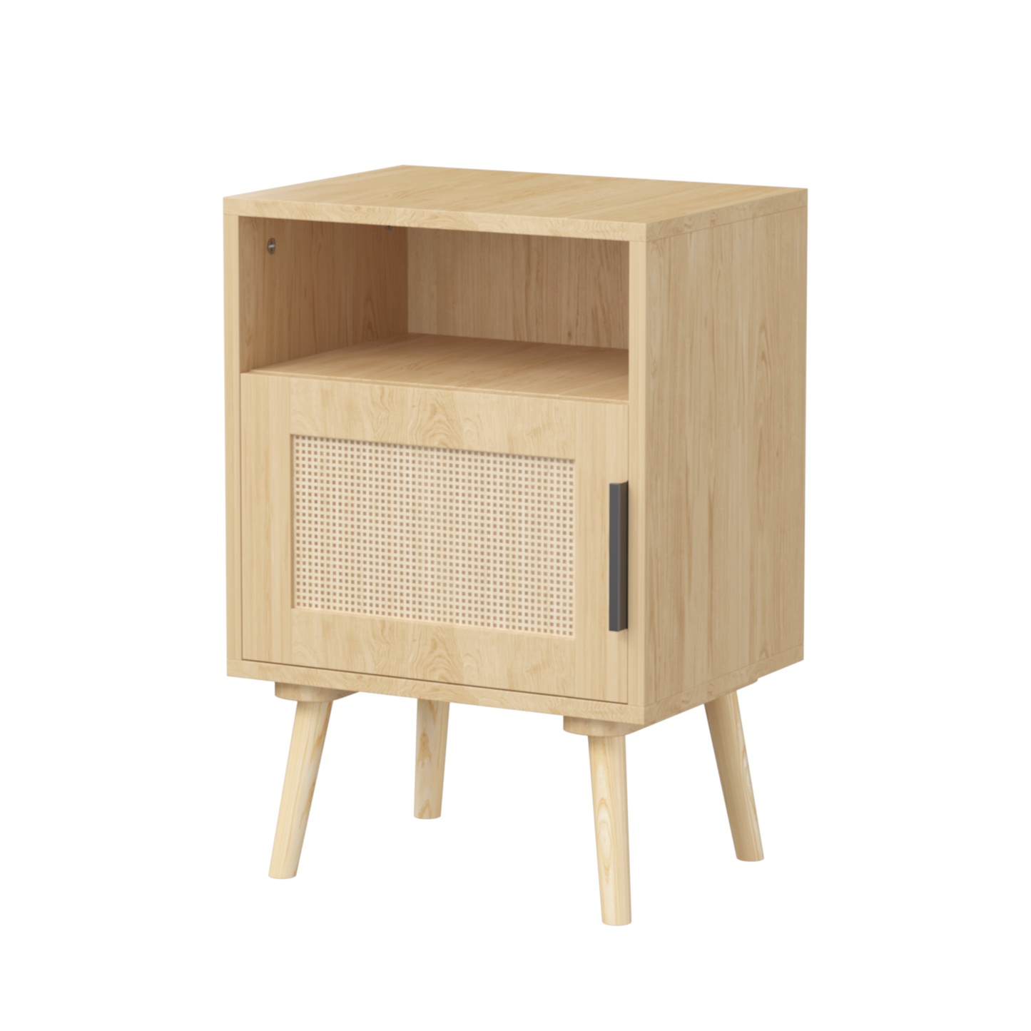 22.83'' H Rattan Nightstand, Side Table with Door Open Shelf,  Accent Bedside End Table with Solid Wood Legs for Bedroom, Dorm and Small Spaces, Oak