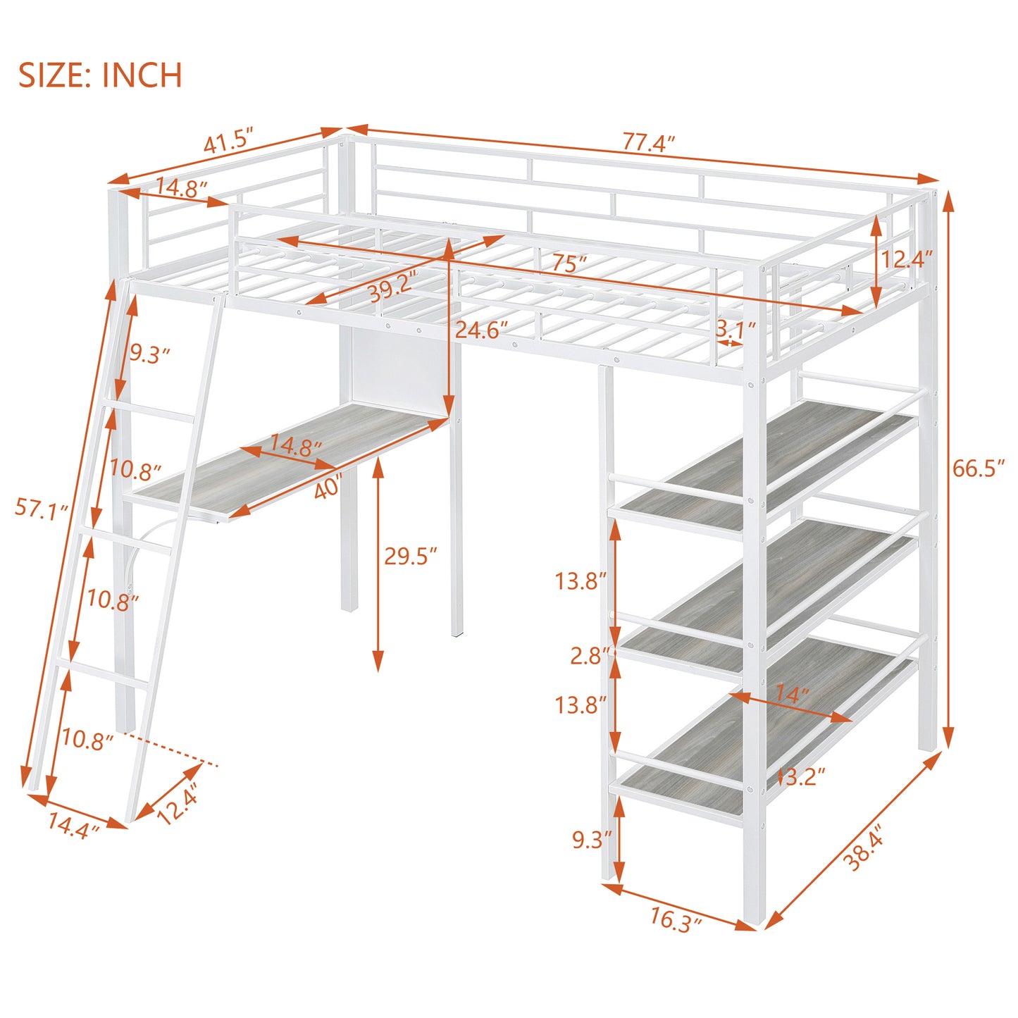 Twin Size Loft Metal Bed with 3 Layers of Shelves and Desk, Stylish Metal Frame Bed with Whiteboard, White