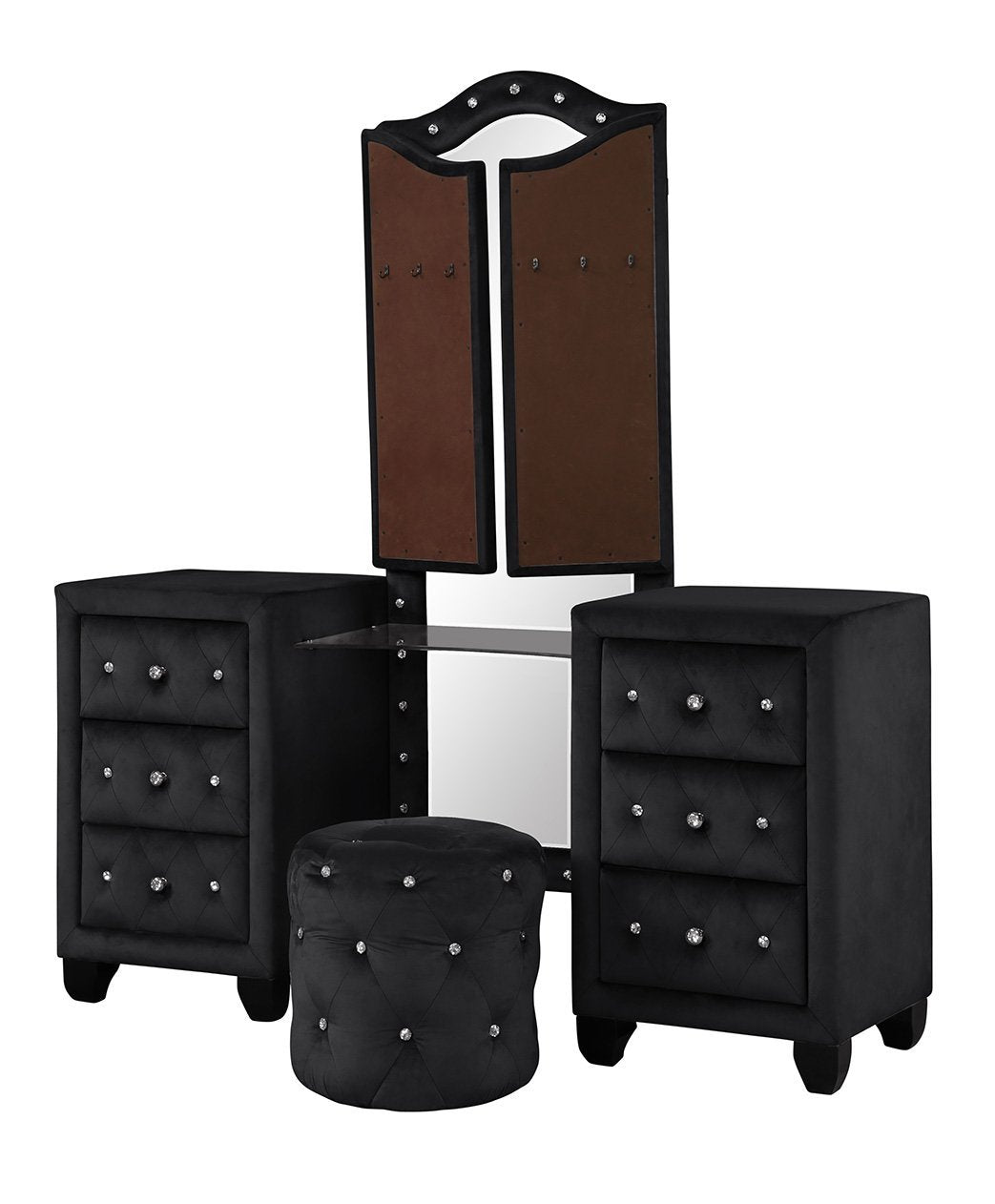 Modern Style Crystal Tufted Upholstery 6-Drawer Vanity Set with Stool, finished with Velvet Fabric made with Wood in Black