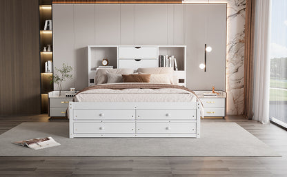 Queen Size Platform Bed with Storage Headboard and 8 Drawers, White