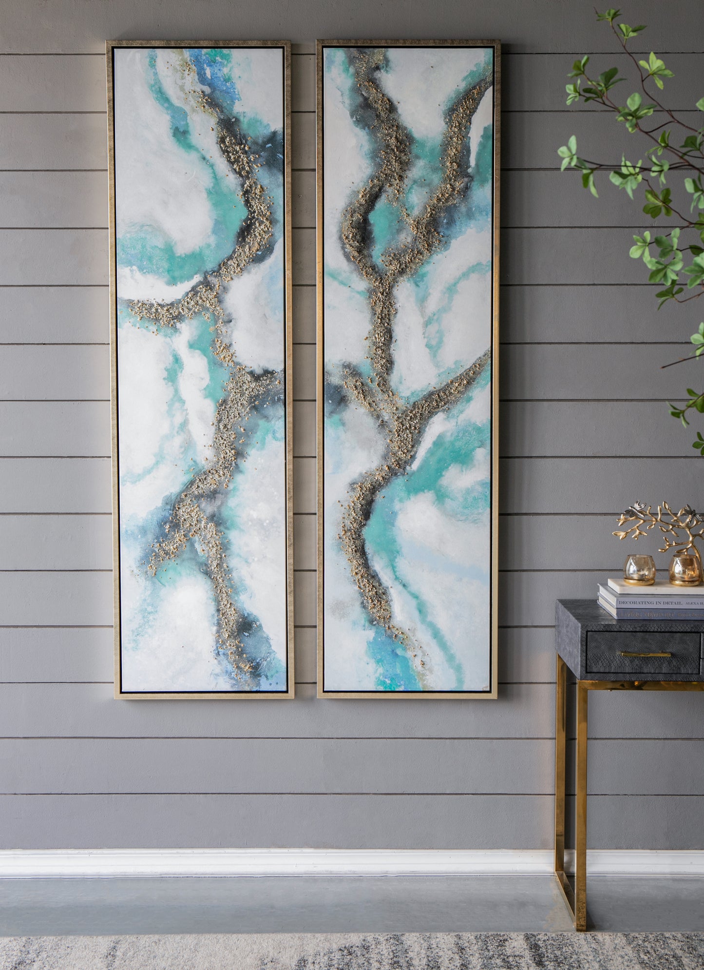 Set of 2 Elongated Modern Abstract Oil Painting,, Rectangle Framed Wall Art, 20' x 71'