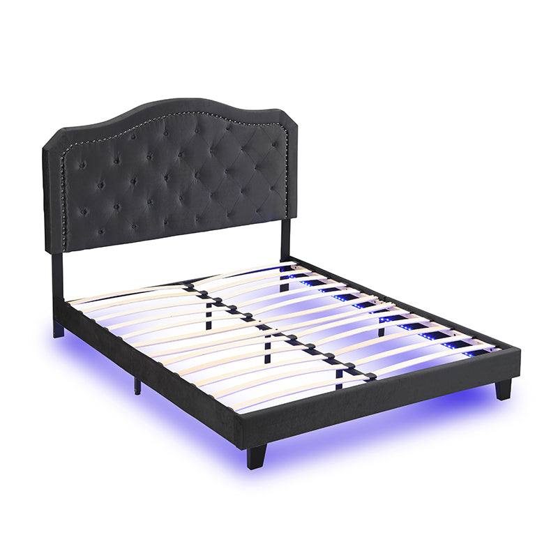 Upholstered Bed Button Tufted with Curve Design - Strong Wood Slat Support - Easy Assembly - Black Velvet - With LED light-platform bed - Queen