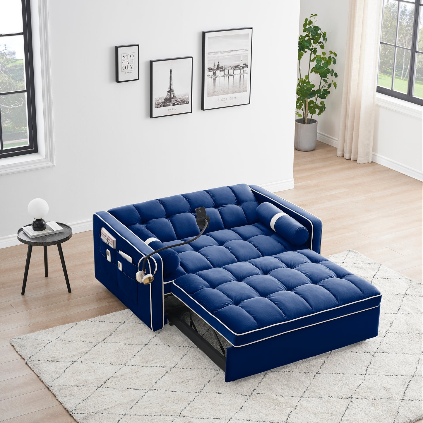 Sleeper Sofa Couch w/Pull Out Bed, 55" Modern Velvet Convertible Sleeper Sofa Bed, Small Love seat Sofa Bed w/Pillows & Side Pockets for Small Space, Living Room, Apartment,Blue