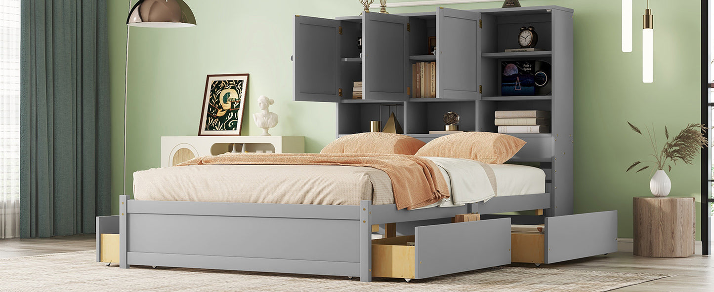 Queen Size Platform Bed with Storage Headboard and 4 Drawers, Gray