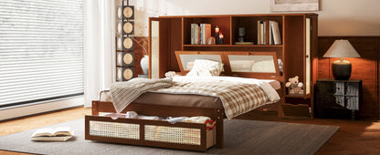 Twin Size Wooden Bed with Two Storage Lockers, Drawer, and Storage Shelf on Headboard, Multifunctional Platform Bed with Natural Rattan, Walnut