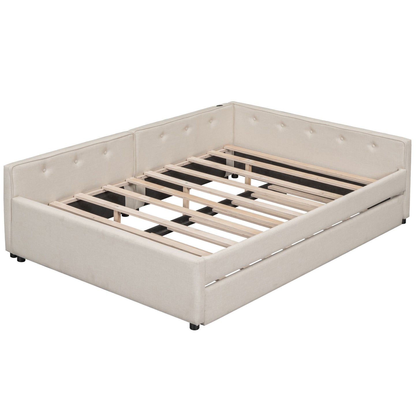 Full Size Upholstered Platform Bed with USB and Twin Size Trundle, Beige