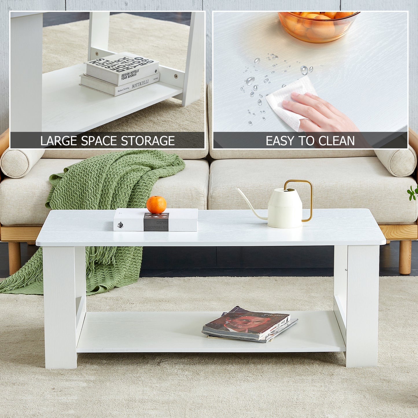 A modern and practical white coffee table. The double layered coffee table is made of MDF material,. Suitable for living room, bedroom, and study.CT-16