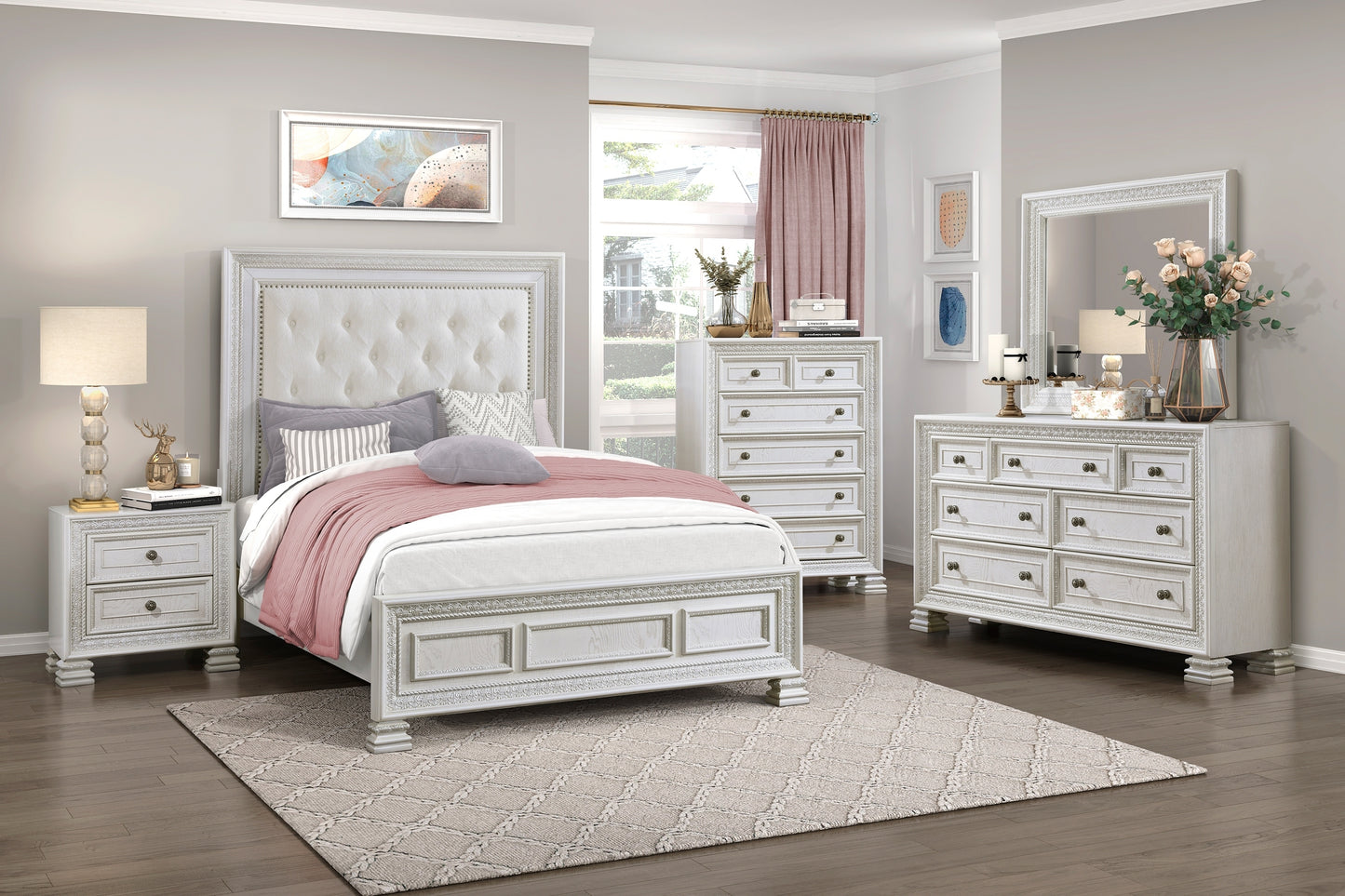 Classic Luxury Pearl White Finish Nightstand of 2x Drawers Wooden Bedroom Furniture 1pc, Dart Molding Design