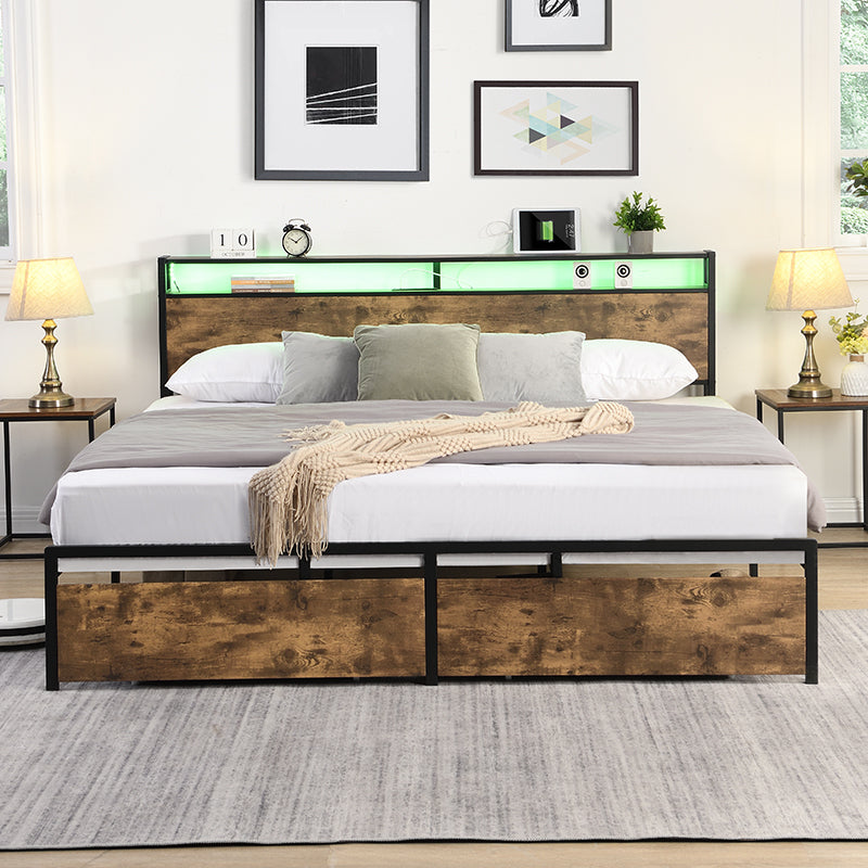 King Bed Frame, Storage Headboard with Charging Station, Solid and Stable, Noise Free, No Box Spring Needed, Easy Assembly