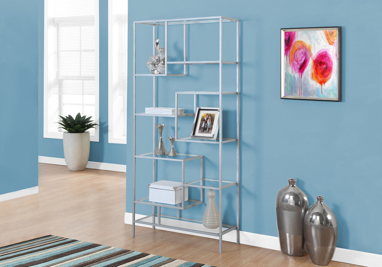Bookshelf, Bookcase, Etagere, 72"h, Office, Bedroom, Clear Tempered Glass, Grey Metal, Contemporary, Modern