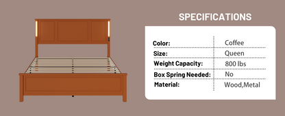 Queen Size Bed Frame,  Platform Bed Frame with Wood Headboard and Footboard,Charging Station and LED Lights, 12 Wood Slats Support, No Box Spring Needed , Brown