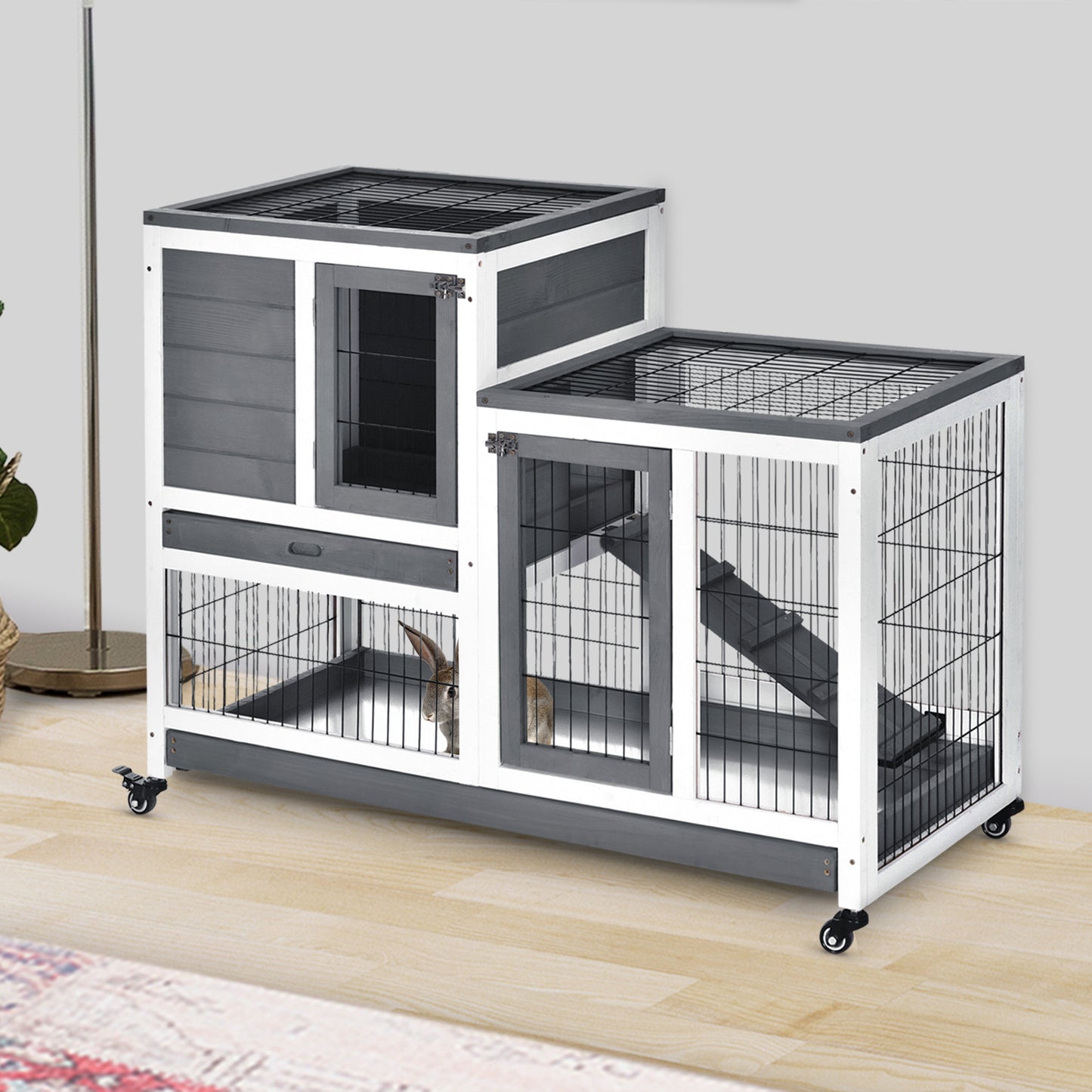 PawHut Wooden Rabbit Hutch Elevated Bunny Cage Indoor Small Animal Habitat with Enclosed Run with Wheels, Ramp, Removable Tray Ideal for Guinea Pigs, Grey