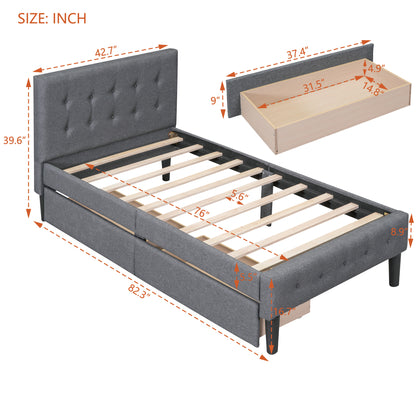 Twin Size Upholstered Platform Bed with 2 Drawers, Gray