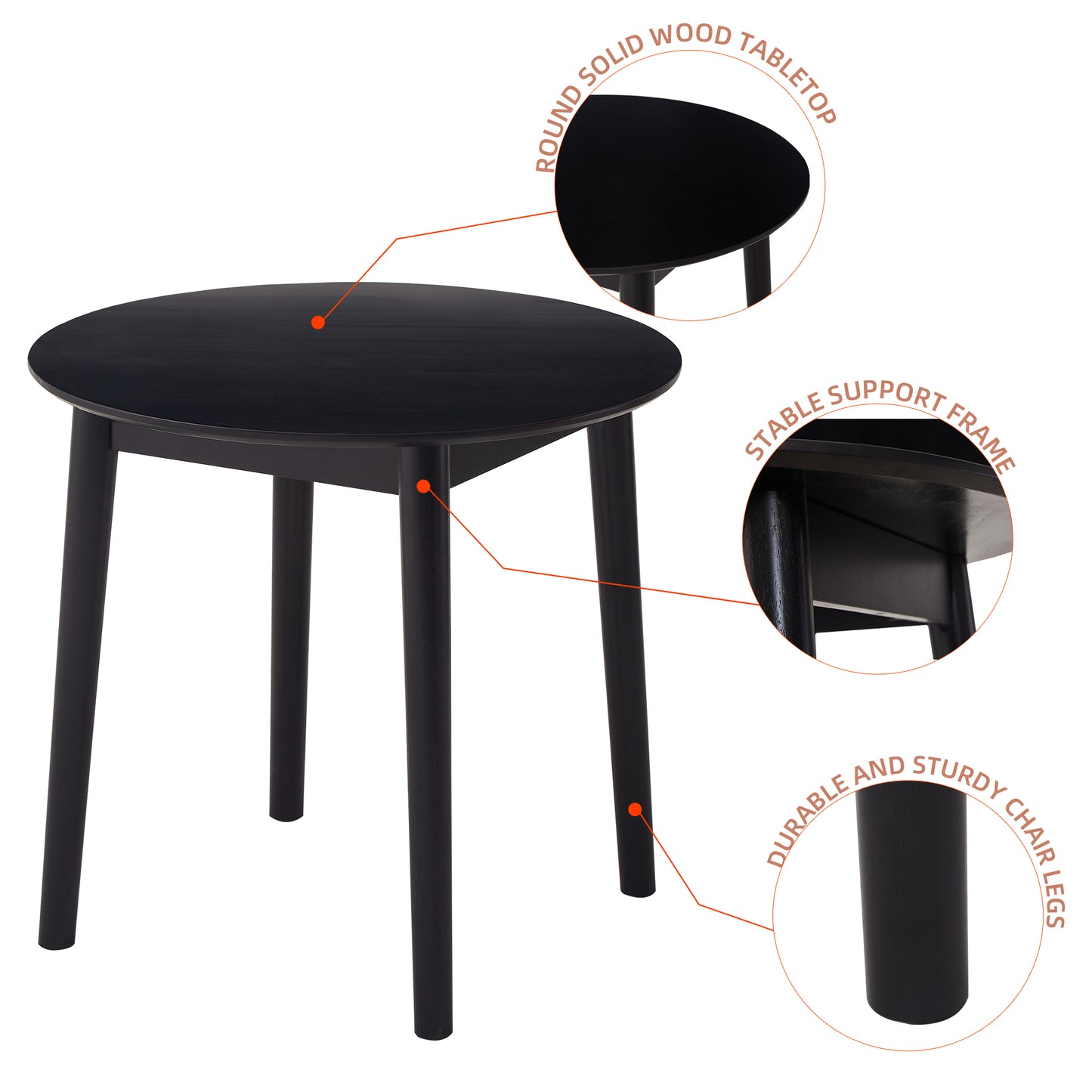 Black Round Table, all solid wood, can sit 2-4 people diameter 31.5 inches