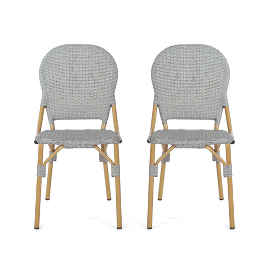 Outdoor PE Rattan and Aluminum Armless French Bistro Chairs, Gray Bamboo Finish, Set of 2