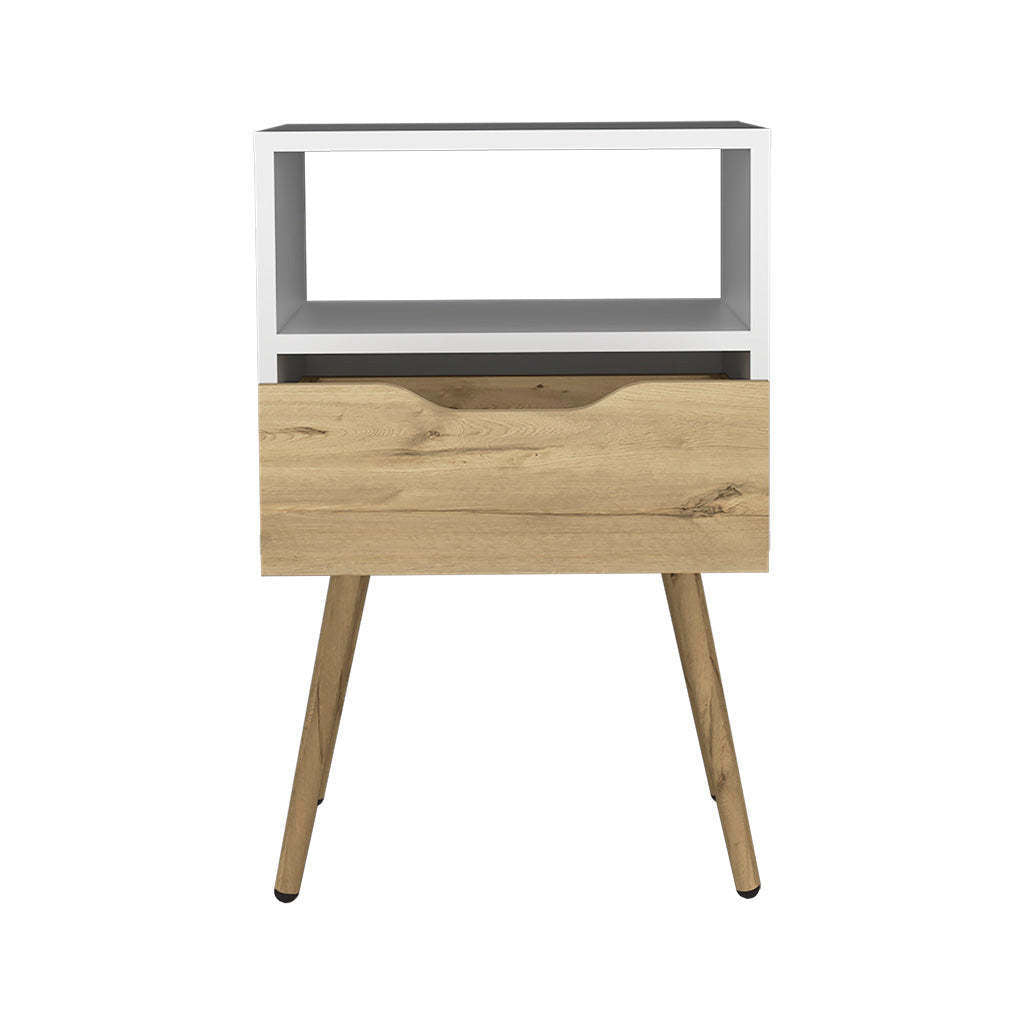 Nightstand 25"H, Superior Top, Four Legs, One Open Shelf, One Drawer, White / Light Oak